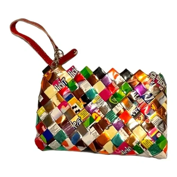 Nahui Ollin candy wrapper wristlet recycled colorful wrappers red zip 7.5 x 4.5” - Picture 4 of 7